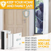 A heavy duty aluminum door lock is shown next to a wooden door and a window, emphasizing home security.