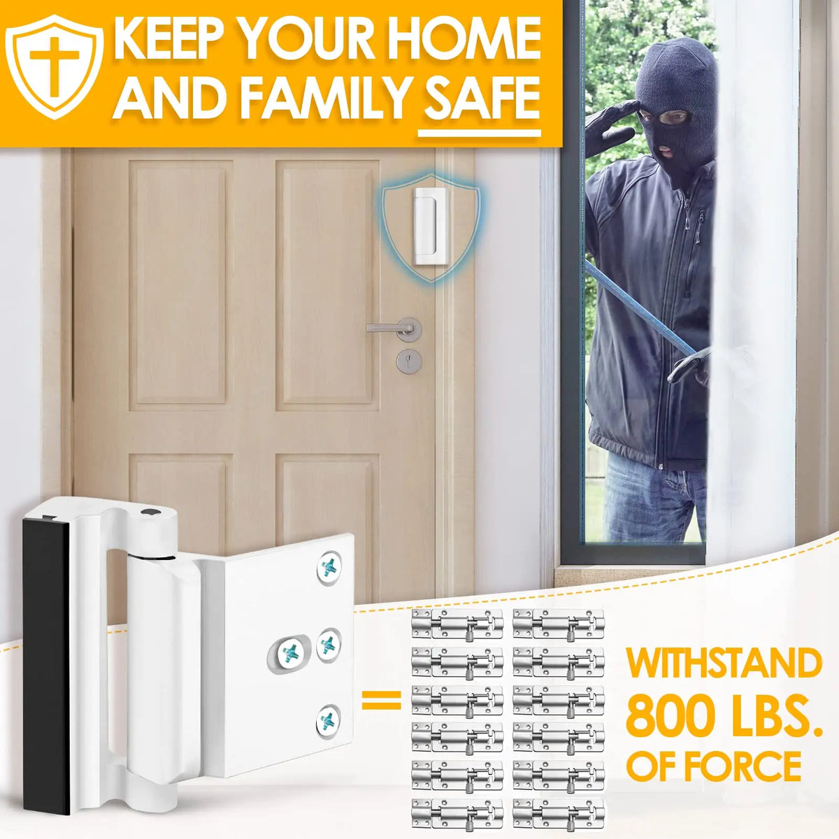 A heavy duty aluminum door lock is shown next to a wooden door and a window, emphasizing home security.