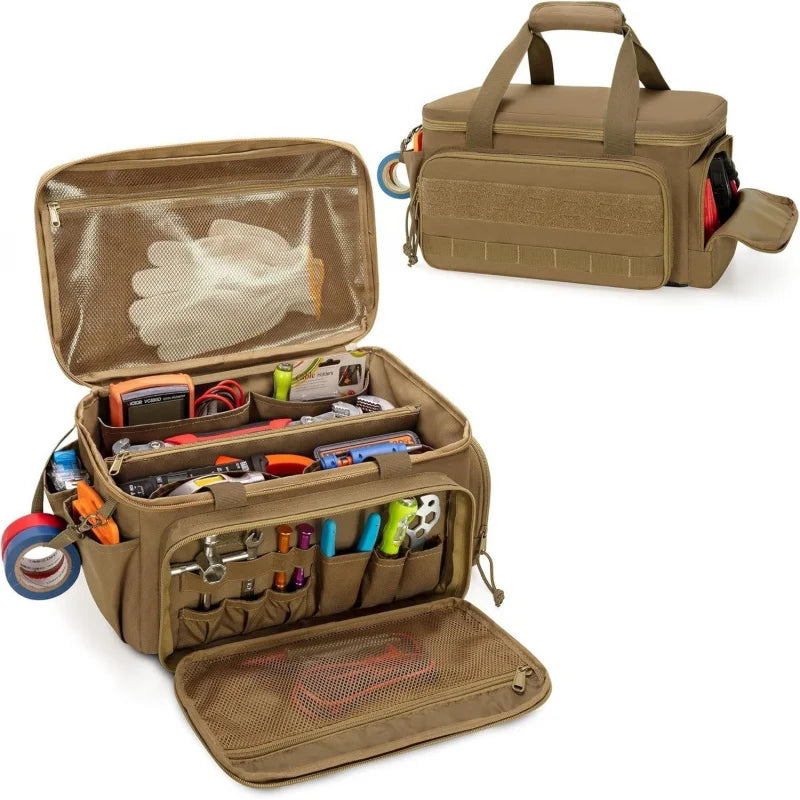 A tan heavy-duty tool bag with a padded handle and multiple storage pockets shown in an open and closed view.