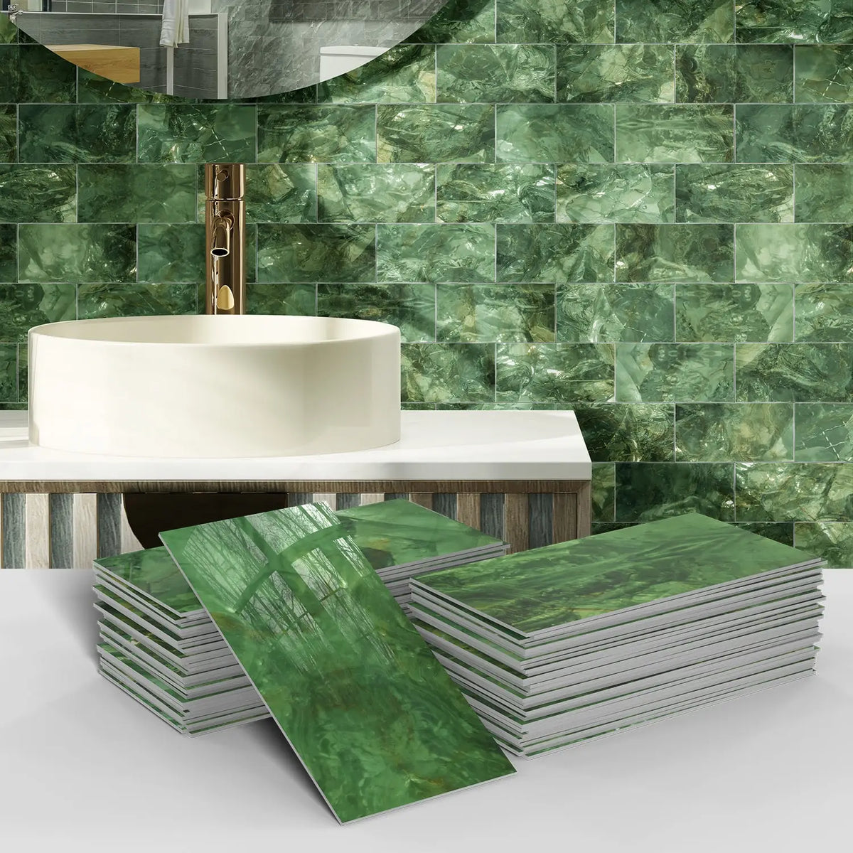 Stacks of green marble self-adhesive wall stickers used as 3D tile decals in a bathroom setting.