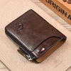 A dark brown leather wallet with a zipper and an embossed silhouette of a leaping horse is shown on a light beige background.