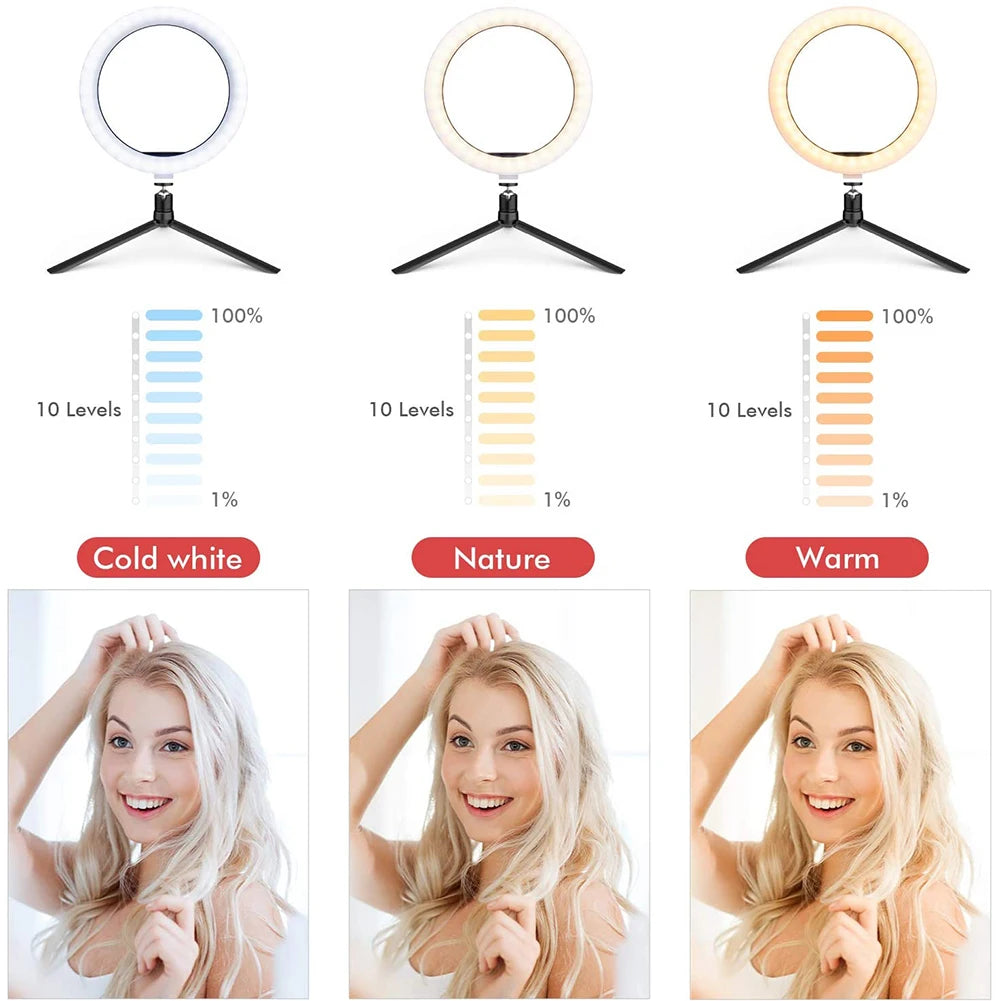 A set of three selfie ring lights in cold white, nature, and warm tones with tripod stands shown alongside a woman's hair.