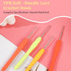A set of four TPR soft handle lace crochet hooks in orange and yellow colors displayed on a pink background.