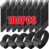A pack of 100 reusable black nylon cable ties with adjustable hook and loop fasteners