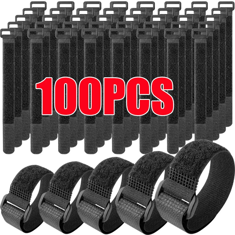 A pack of 100 reusable black nylon cable ties with adjustable hook and loop fasteners