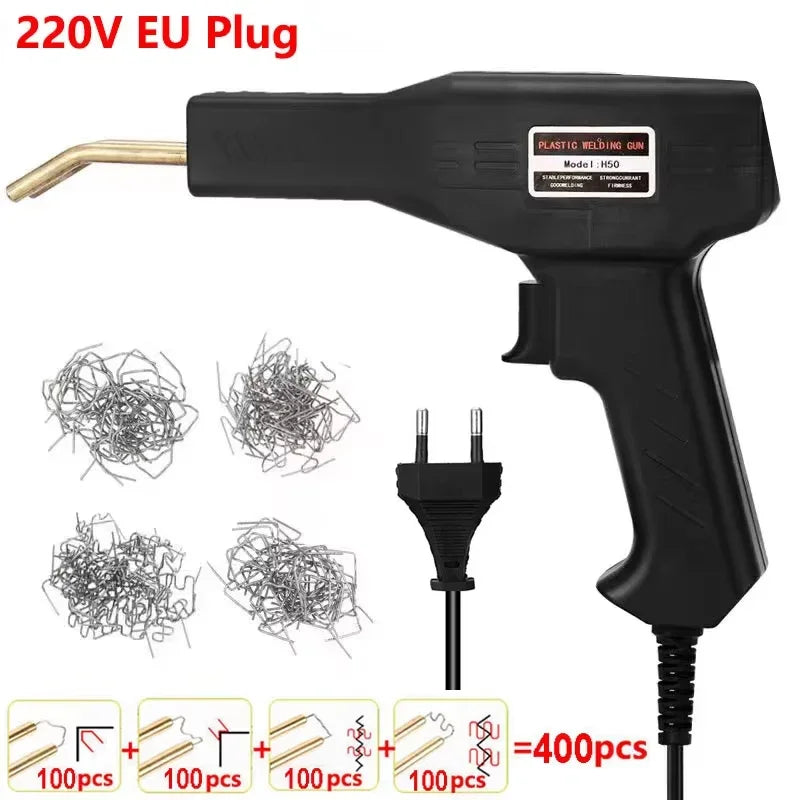 Black plastic welding gun and hot stapler kit with various wire samples for repairs