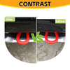 Comparison of a front bumper tow hook cover before and after installation on a vehicle.