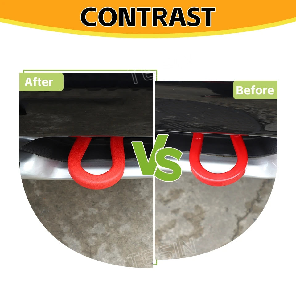 Comparison of a front bumper tow hook cover before and after installation on a vehicle.