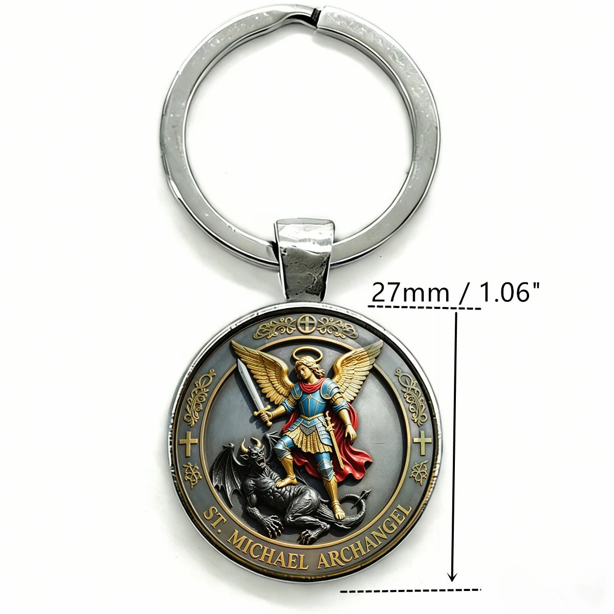 Silver key chain featuring a medallion of the Saint Michael Archangel