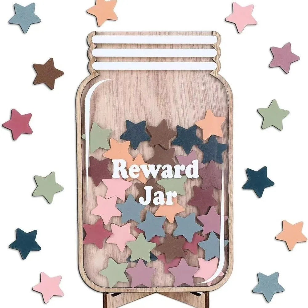 A wooden jar decorated with colorful star cutouts used as a reward for positive behavior.