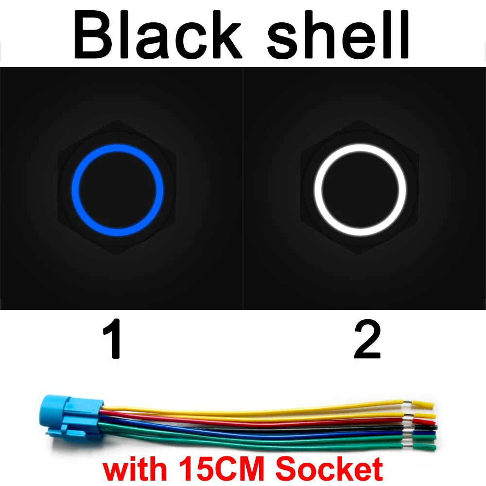 Zwei schwarze Gehäuse-LED-Tasterschalter mit 15 cm Steckern nebeneinander