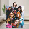 A collage of several young women posing together on a blanket.