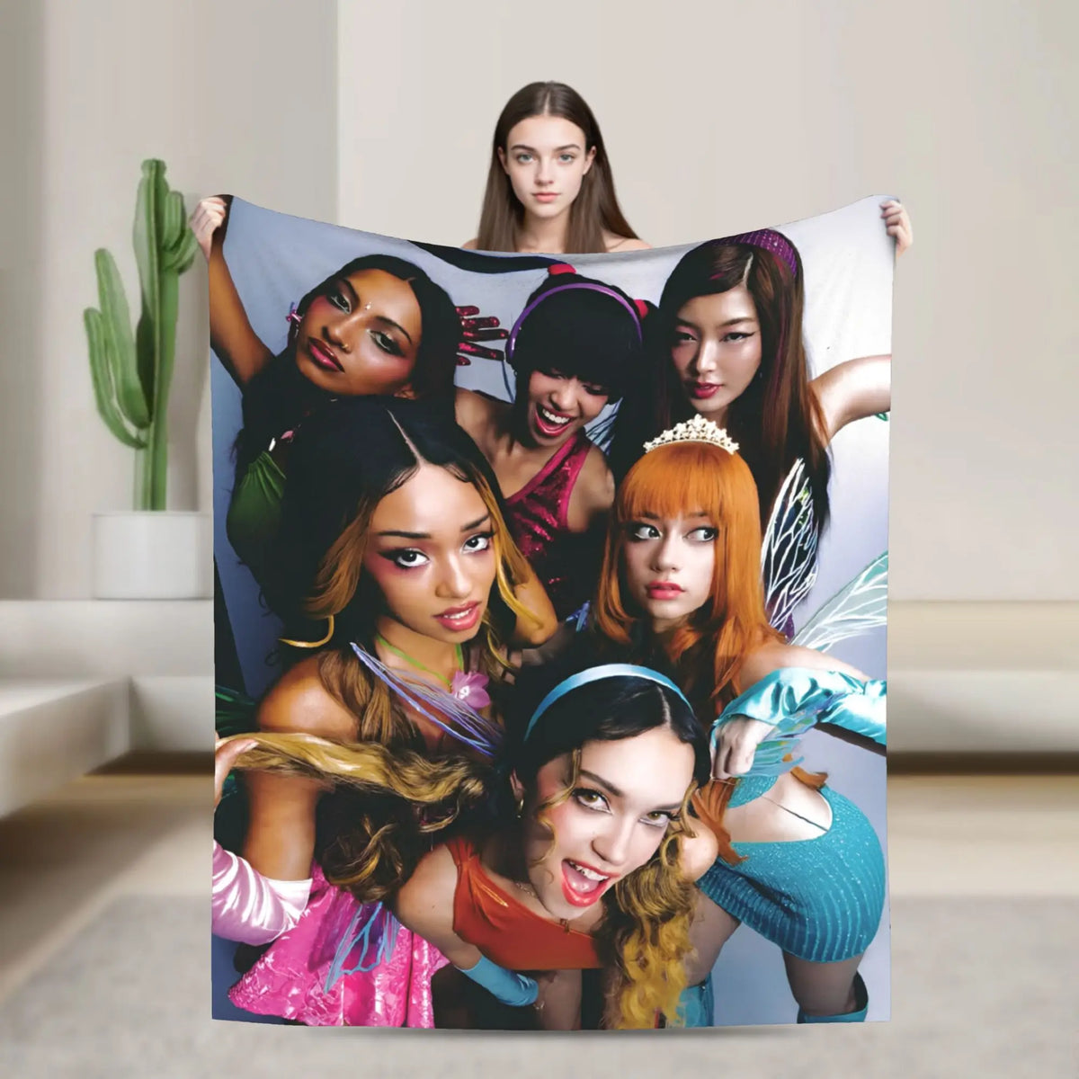 A collage of several young women posing together on a blanket.