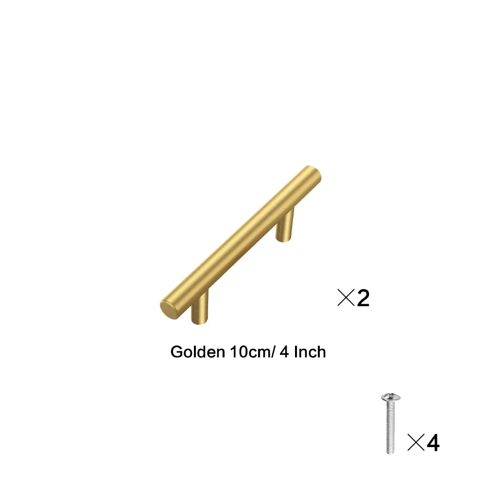 Zwei goldene Schrankgriffe, 10 cm oder 4 Zoll lang, und vier Schrauben gezeigt.