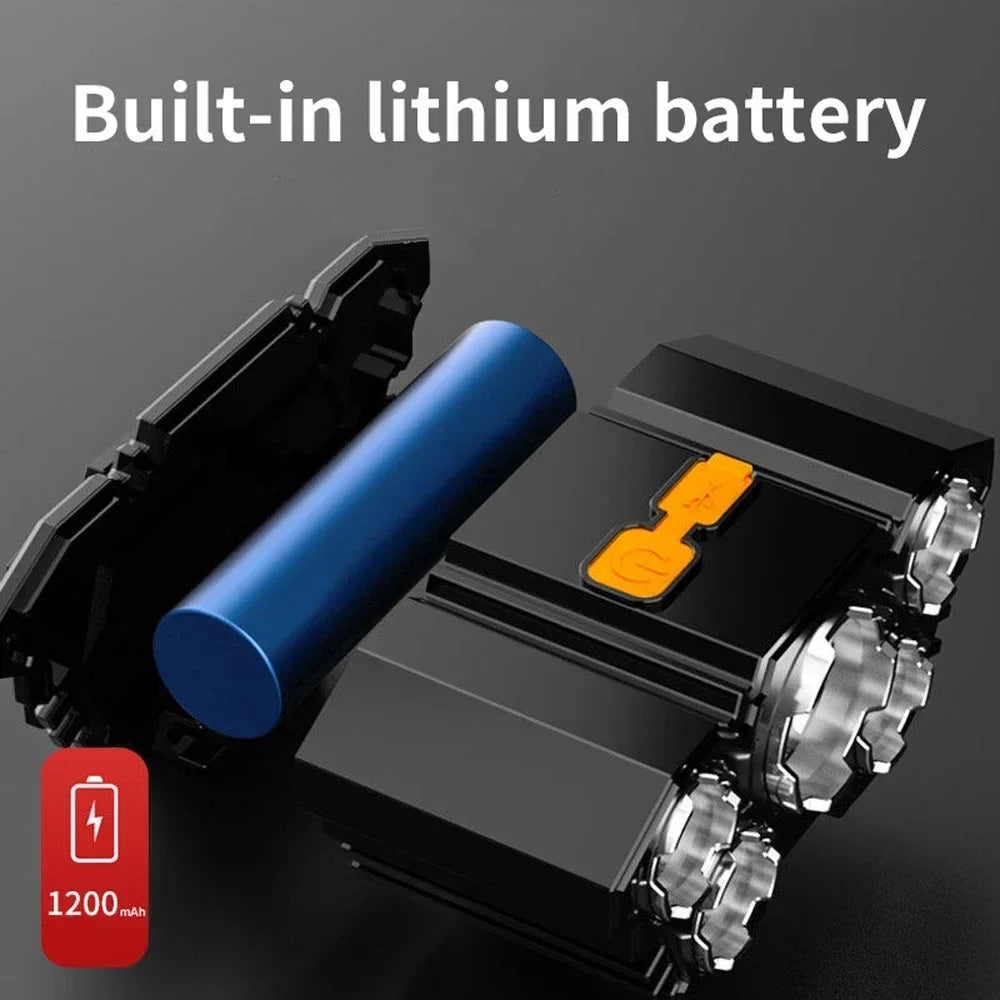 A black rechargeable headlamp with a built-in lithium battery and an orange indicator light.