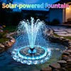 A solar-powered fountain spraying water into a pond at dusk with blue LED lights.