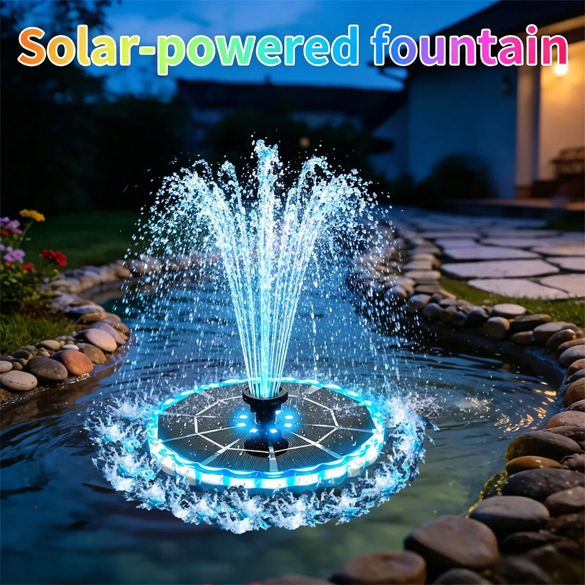 A solar-powered fountain spraying water into a pond at dusk with blue LED lights.