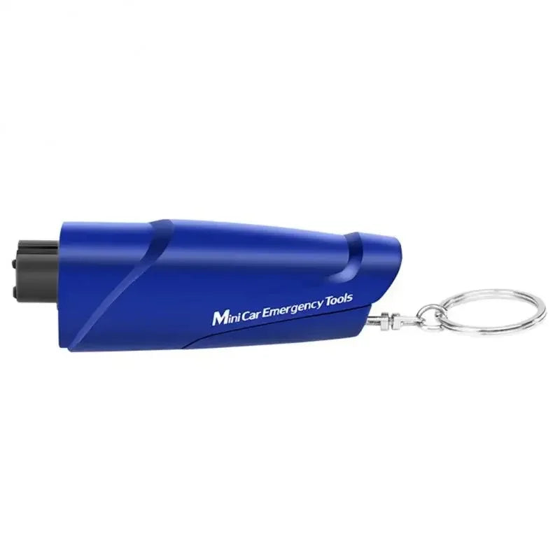 A blue Mini Car Emergency Tools device with a metal loop attached.