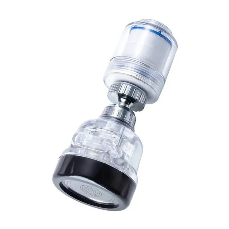 A clear plastic faucet filter cartridge with a silver cap and black base.