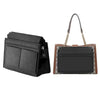A black felt multi-pocket purse organizer insert with a leather strap and gold chain detail.