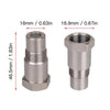 Two stainless steel oxygen sensor adapters shown with dimensions 16mm/0.63in and 16.9mm/0.67in.