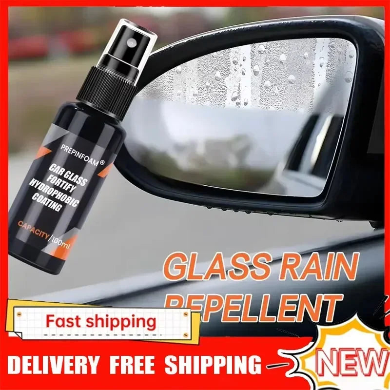 A bottle of pre-foam glass hydrophobic coating spray is shown next to a car mirror, with text promoting fast and free deliver