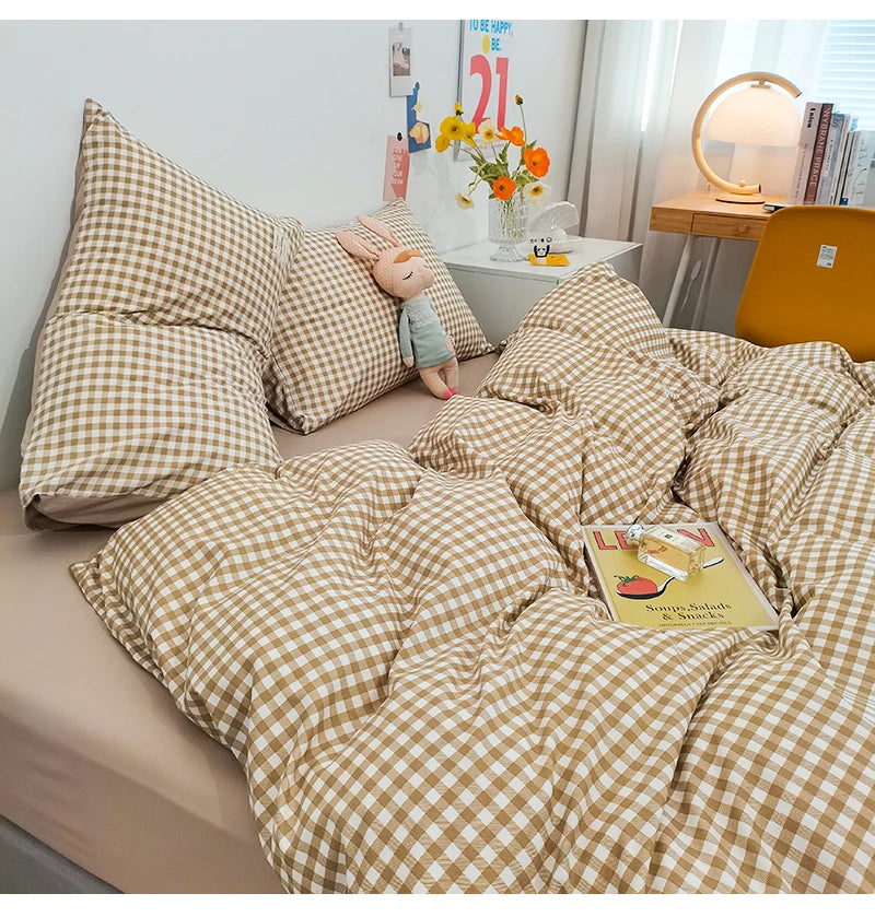 100% Cotton Duvet Cover Set with Plaid Stripe – Breathable & Skin-Friendly