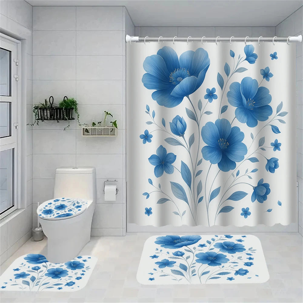 Blue peony floral shower curtain set featuring a rug and toilet cover in a bathroom setting