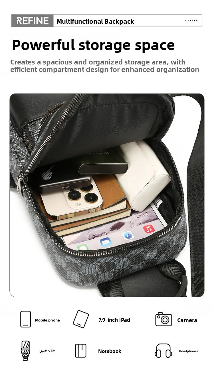 Men's Waterproof PU Leather Crossbody Bag with Geometric Pattern