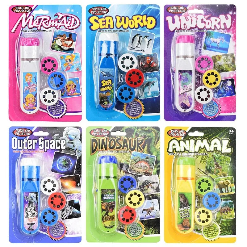 A collection of five educational projector flashlights featuring themes like Mermaid, Sea World, Unicorn, Outer Space, and Di