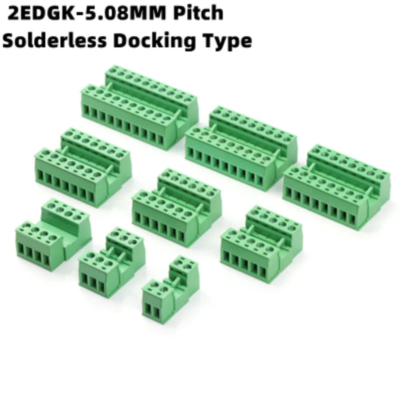 A collection of green solderless docking type connectors with a 5.08mm pitch for PCB plug-in.