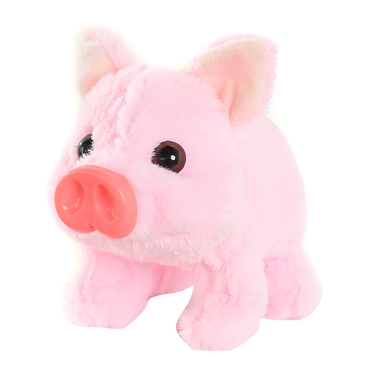 A pink plush toy of a pig with a pink snout and floppy ears.