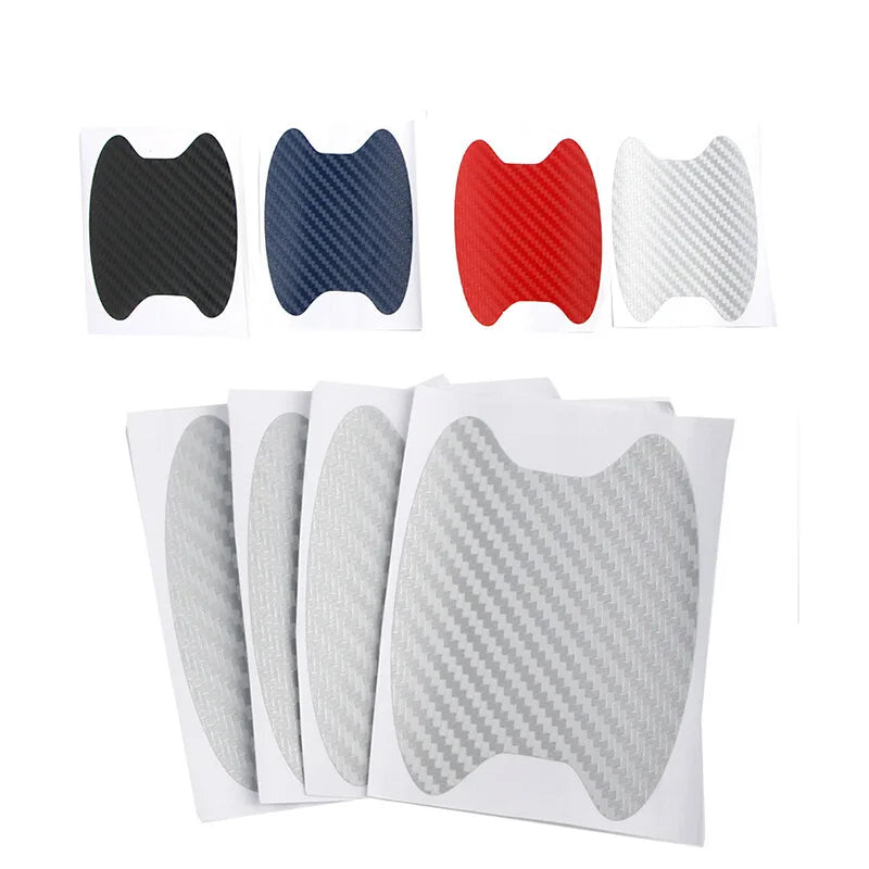 A set of four carbon fiber car door handle protective covers in black, blue, red, and white.