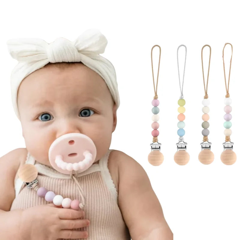 Silicone Baby Pacifier Clip with Wooden Beads