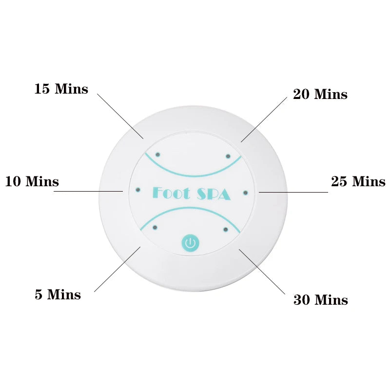 A white electronic device for an ionic detox foot spa with vibration massage, showing time settings from 5 to 30 minutes.