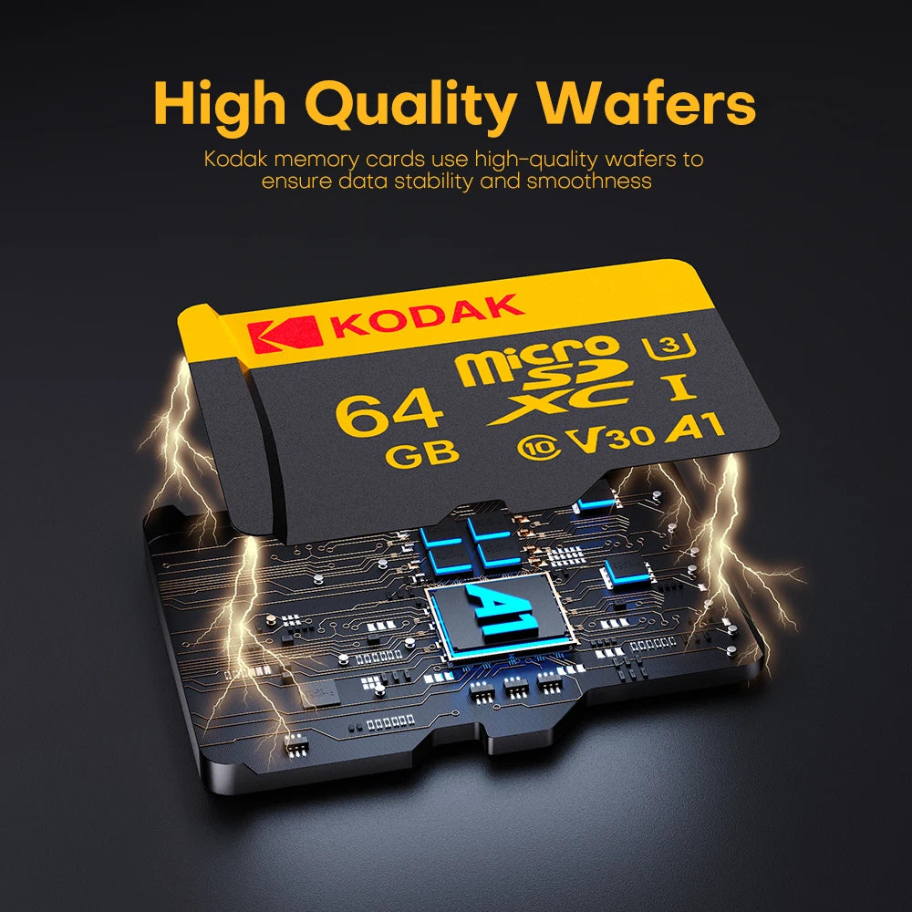 A yellow Kodak memory card is shown next to a circuit board with electrical sparks, illustrating high-quality wafers.