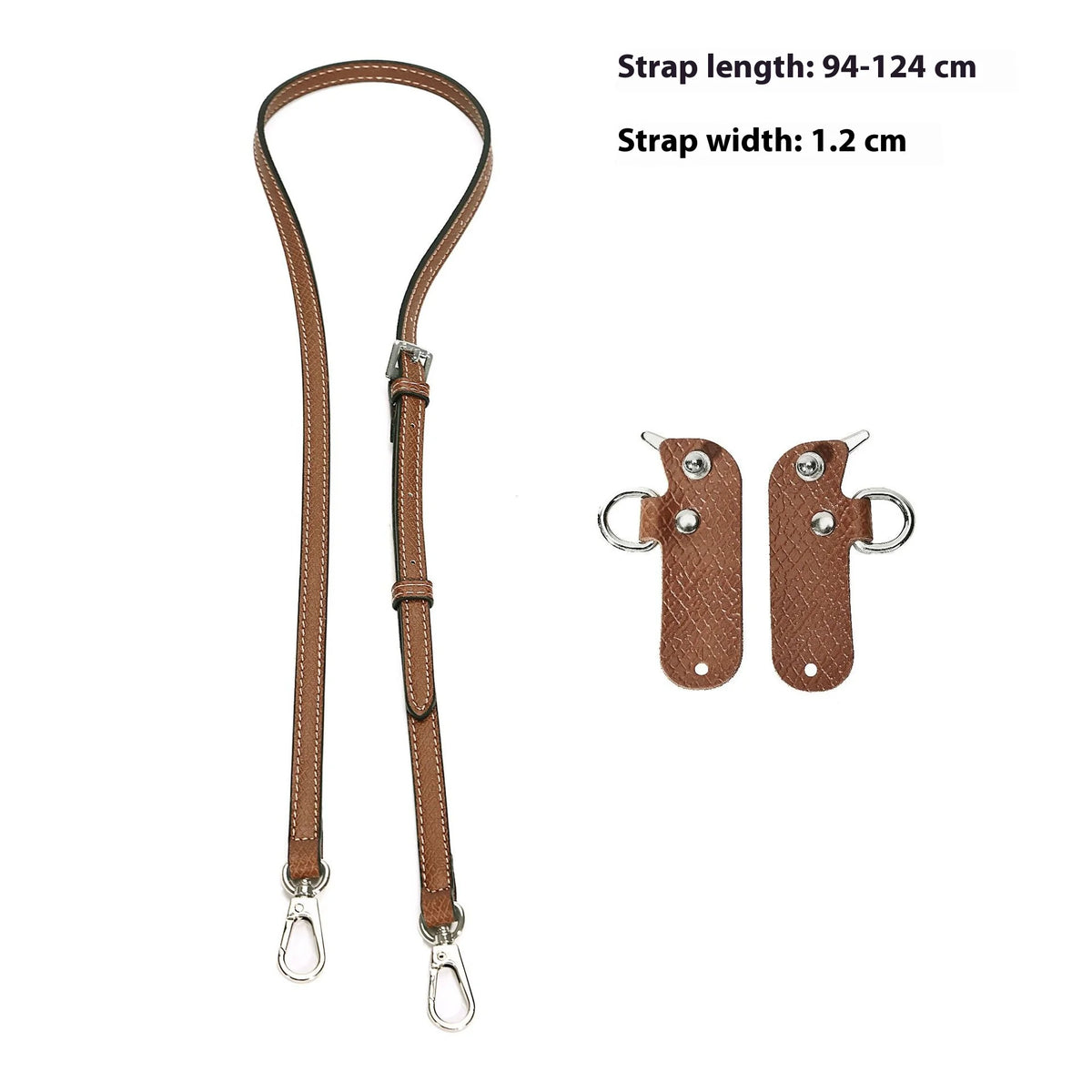 A set of brown leather mini bag straps with alloy buckles and adjustable lengths.