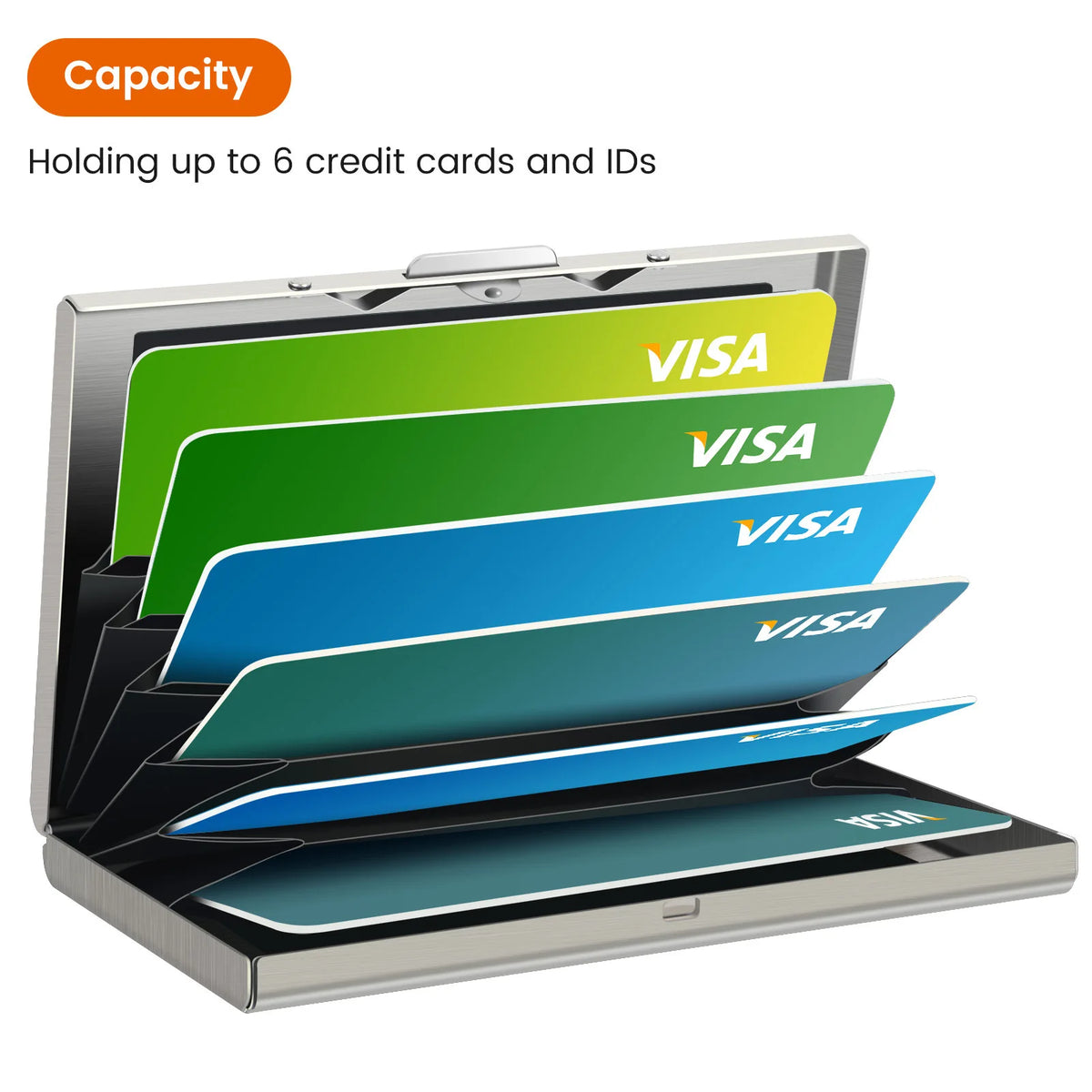 A silver metal card wallet displaying six stacked yellow and blue VISA credit cards and IDs.