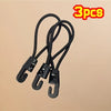 Three black heavy-duty elastic tie-down straps with hooks displayed against a beige background.
