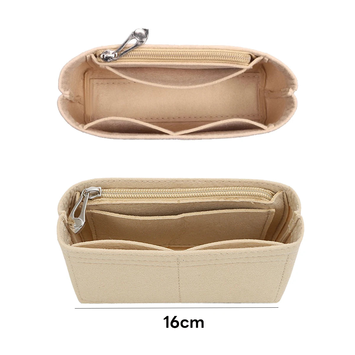 Beiger Filteinlegermodul mit Reißverschluss und mehreren Fächern für Handtaschen.