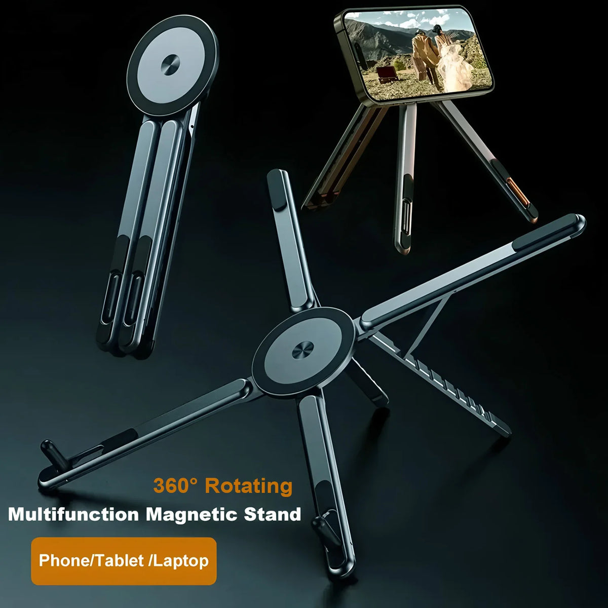 A black multifunctional magnetic stand featuring a foldable alloy design used to hold a phone or tablet.