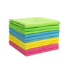 A stack of bright green, blue, and yellow reusable microfiber cleaning cloths.