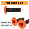 Orange and black aluminum motorcycle handlebar grips showing product size and caliber measurements