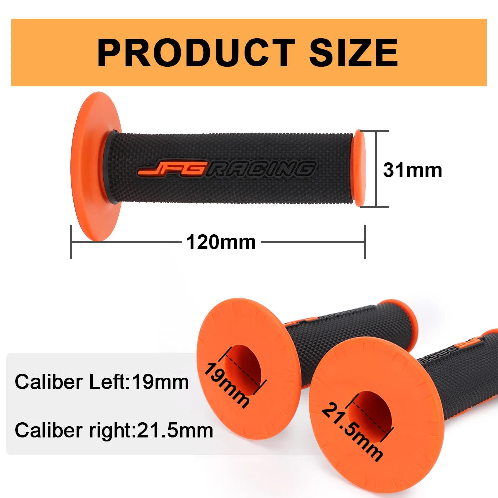 Orange and black aluminum motorcycle handlebar grips showing product size and caliber measurements