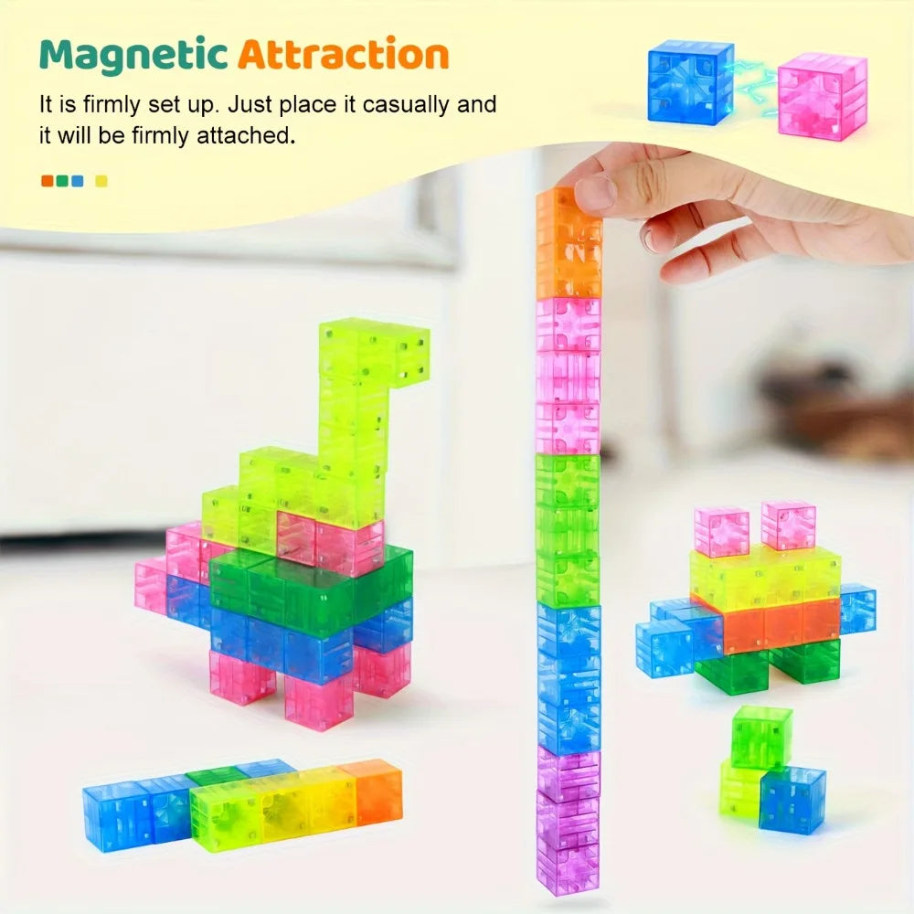 A collection of colorful magnetic building blocks and transparent cubes arranged in various shapes and stacks.