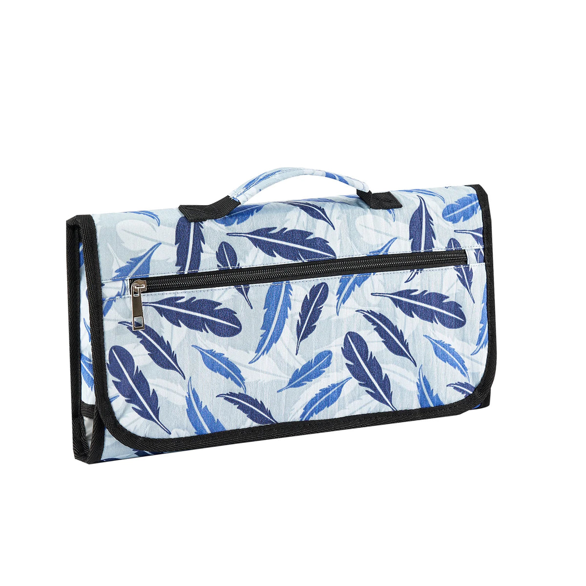 A foldable waterproof baby changing pad with a blue and white leaf pattern.