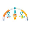 A baby stroller arch toy featuring a curved orange and white structure with hanging plush charms like a blue cloud, an orange