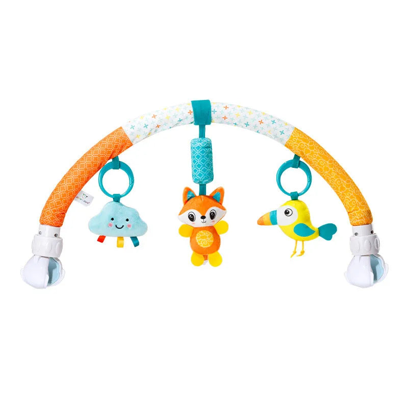 A baby stroller arch toy featuring a curved orange and white structure with hanging plush charms like a blue cloud, an orange