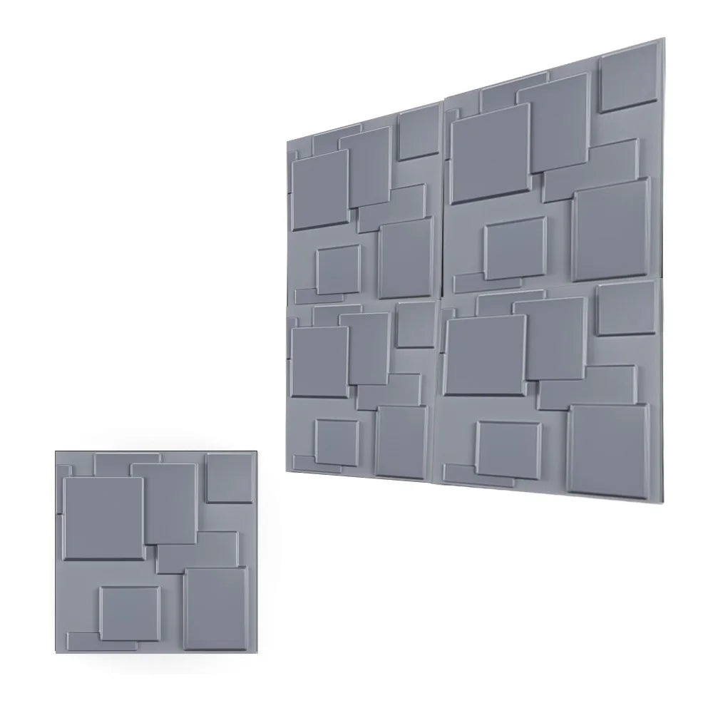 A collection of gray 3D diamond textured wall panels arranged in a geometric pattern.