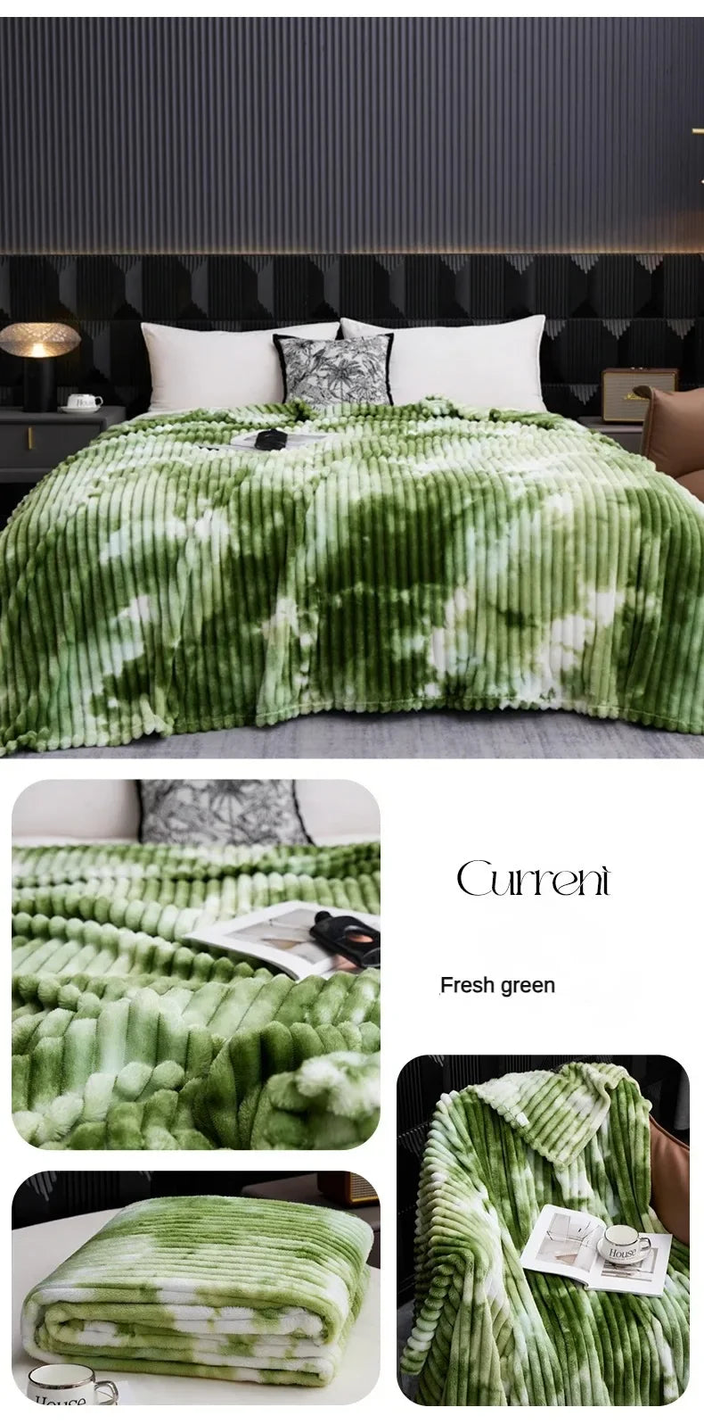 A green and white tie-dye flannel fleece throw blanket draped on a bed.